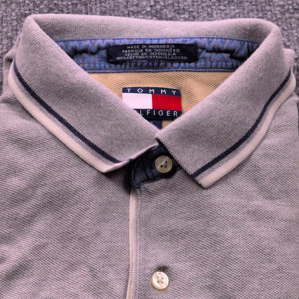 VTG Tommy Hilfiger Polo Shirt Mens Large Grey Navy Stripe Short Sleeve Cotton